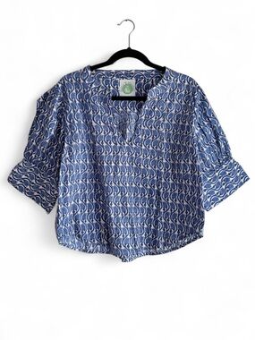 Mod's Maya's Mahal 100% Cotton Blue Floral Print Short Sleeve Blouse Size L/XL